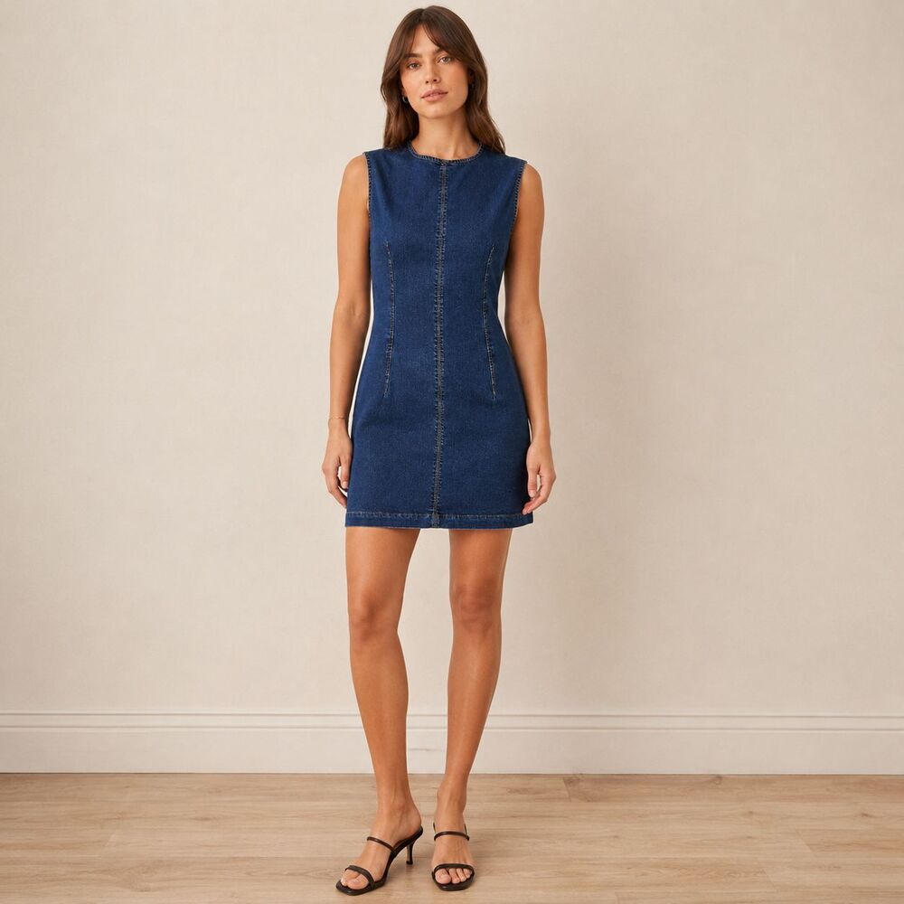 Reformation Jeans Kendi Denim Mini Dress Size 12 Blue Stretch Lyocell Sheath